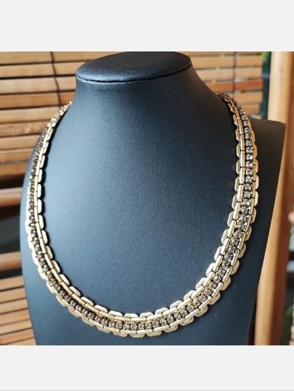 Vintage Flat Chain Collar Bib Necklace Stella & Dot? Brass Tone Smoke Rhinestone